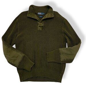 Ralph Lauren Olive Green Pullover Buttoned Collar Canvas Elbow Patches 100% Cott